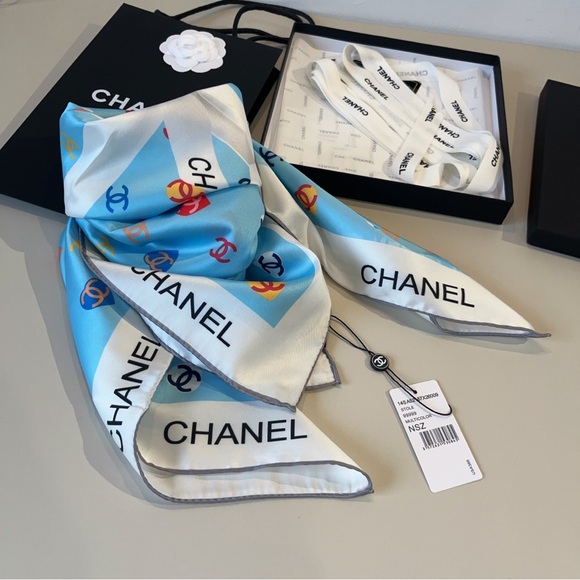 CHANEL Blue and White Silk Scarf - Picture 1 of 8